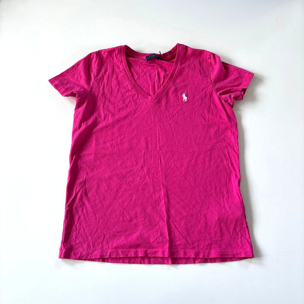 Polo Ralph Lauren Women's Medium Hibiscus Short Sleeves V-Neck T-Shirt Pink